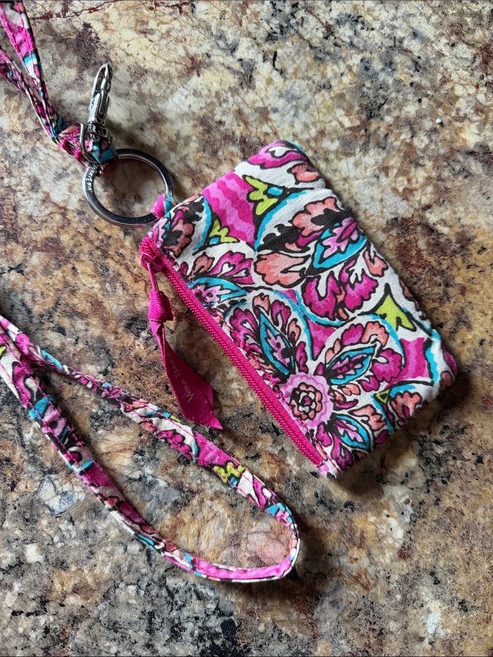 Vera Bradley Pink Floral Lanyard ID Holder with Key Ring